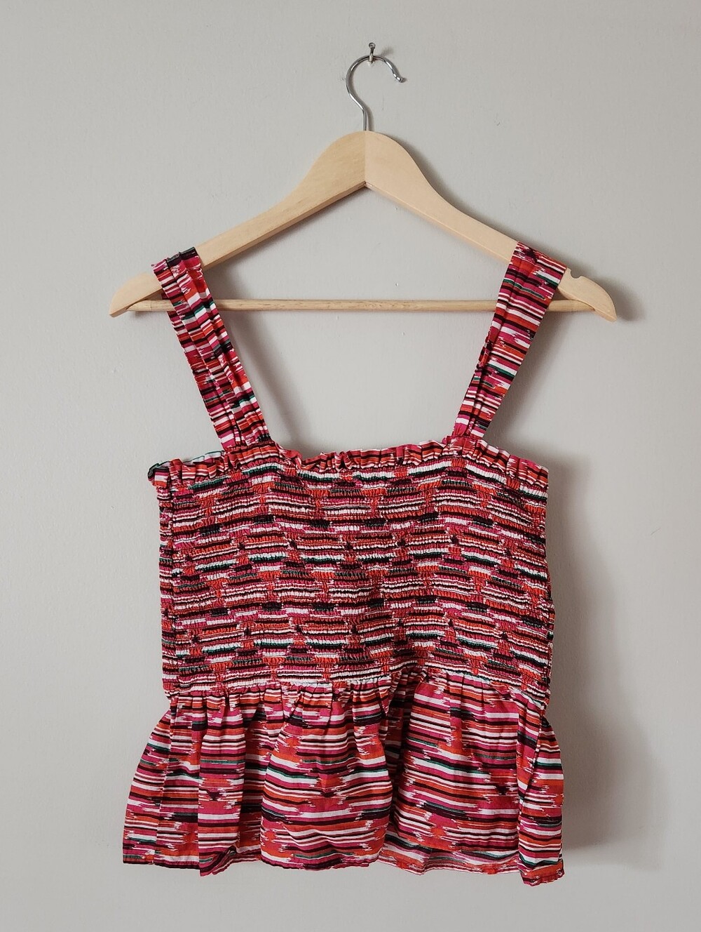 LOFT Multicolored Red Striped Smocked Peplum Top Sz M - Picture 4 of 5